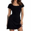 MiiVoo Women's Short Sleeve Casual Dress Scoop Neck Back Strap Stretchy Bodycon Party Club Mini Dresses (Small, Short Sleeve_Black) S