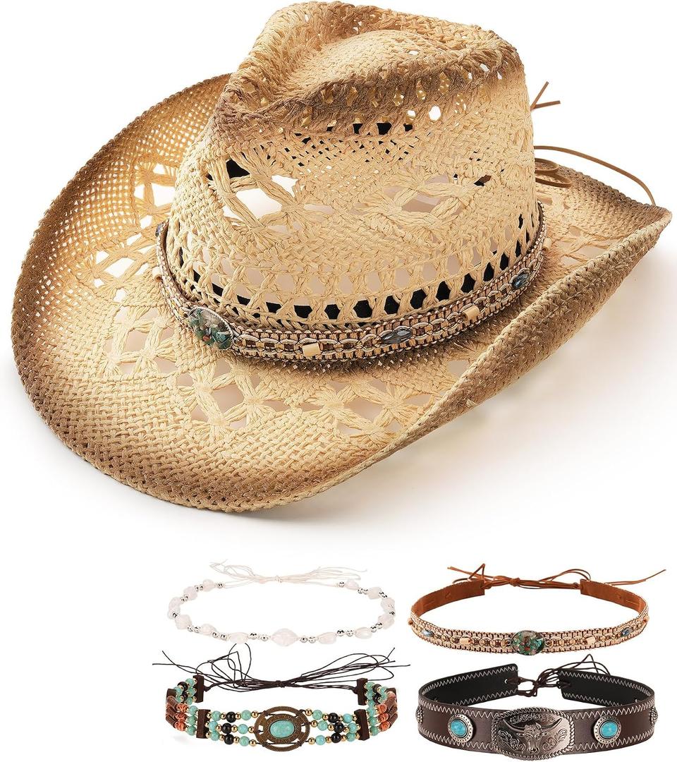 FURTALK Straw Cowboy Hat for Women Men with 4-Style Decorative Bands Stiff Wide Brim Western Style Cowgirl Hat