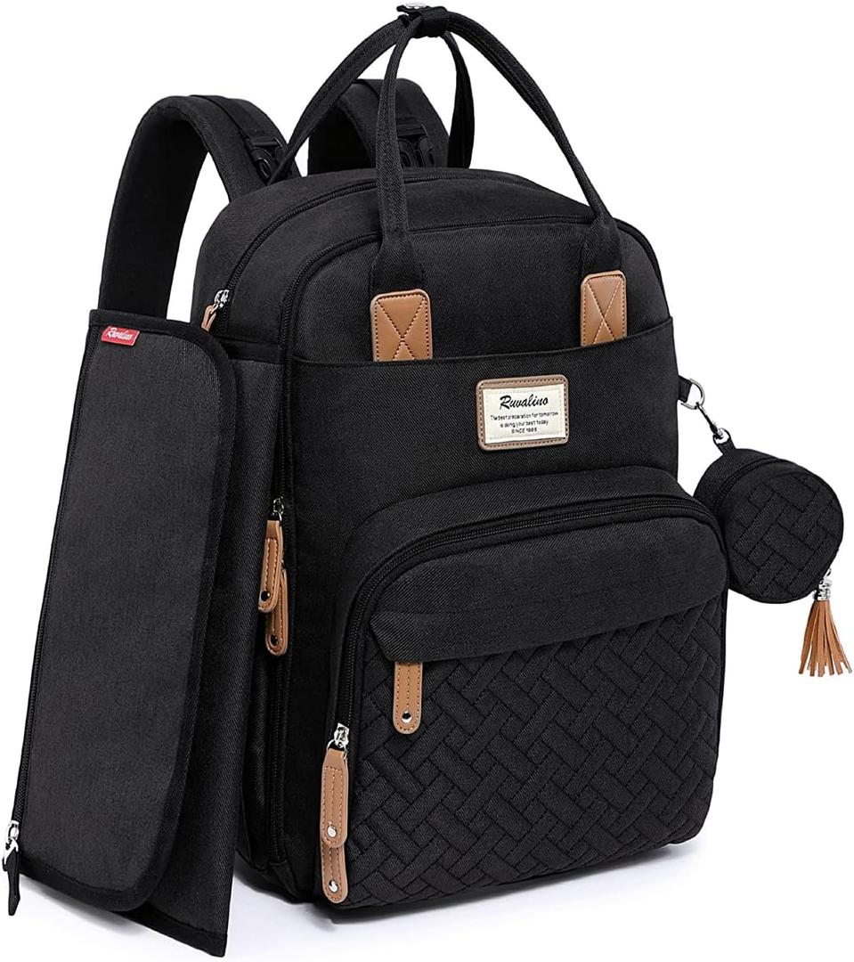 RUVALINO Baby Changing Bag Backpack, Neutral All-in-One Baby Bags for, Multifunction Large Travel Backpack with Portable Changing Pad, Stroller Straps, Pacifier Case and Insulated Pockets, Black