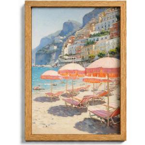 Framed Pink Umbrella Coastal Canvas Wall Art,Beach Scene Picture Wall Decor, 24"L x 16"W