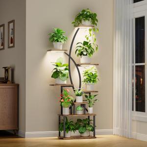 JUSTOGO Plant Stand Indoor with Grow Light, 8 Tiered Tall Plant Shelf for Indoor Plants Multiple, 65" Large Corner Plant Stands, Metal Curved Flower Holder Display Rack for Living Room, Patio, Balcony (Rustic Brown)