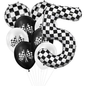 2 x 40 Inch Checkered Number Balloon, 5th Birthday Number Balloons for Boy, Large Inflating Black and White Number 5 Race Car Theme Party Decor Supplies, for Birthday Party,Wedding, Anniversary