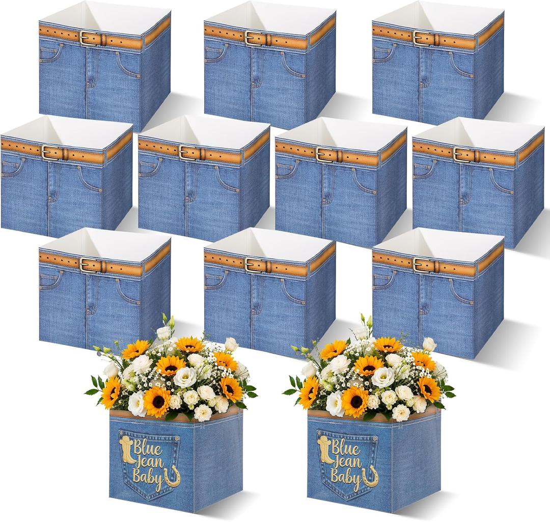 12 Pcs Blue Jean Baby Shower Decorations for Denim Baby Shower Table Centerpieces Flower Boxes Blue Jean Decorative Food Holder for Denim and Diamonds Gender Reveal Party Supplies (Light Denim)