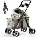 GTPLAYER Foldable Pet Stroller for Small Dogs and Cats, Holds Up to 33 lb, 4-Wheel Stroller with 2 Safety Tethers, Breathable Mesh, Lockable Front Wheels, Cup Holder/Tray & Storage Pocket, Green