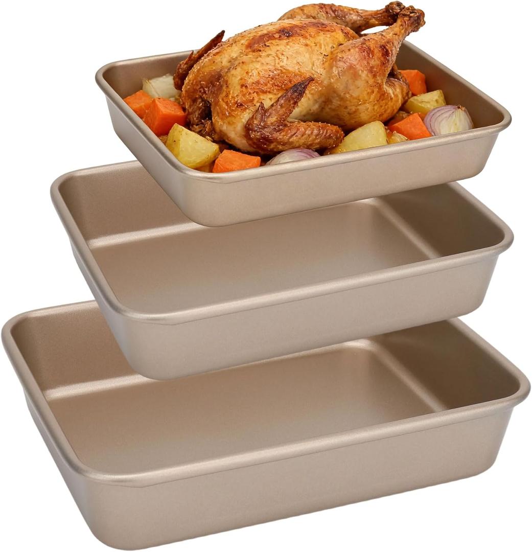 3 pack Large Deep Baking Pans,9/11/13 Inch Nonstick Carbon Steel Rectangle Cake Baking Pans,Multi-purpose Heavy Duty Bread Sheet,Metal Bakeware for Lasagna,Turkey,Brownie