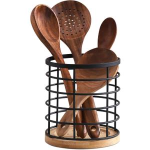 Large Gold Countertop Cooking Utensil Holder with Wooden Base - H6' x W5.2', Kitchen Decor, Organizer for Spatulas