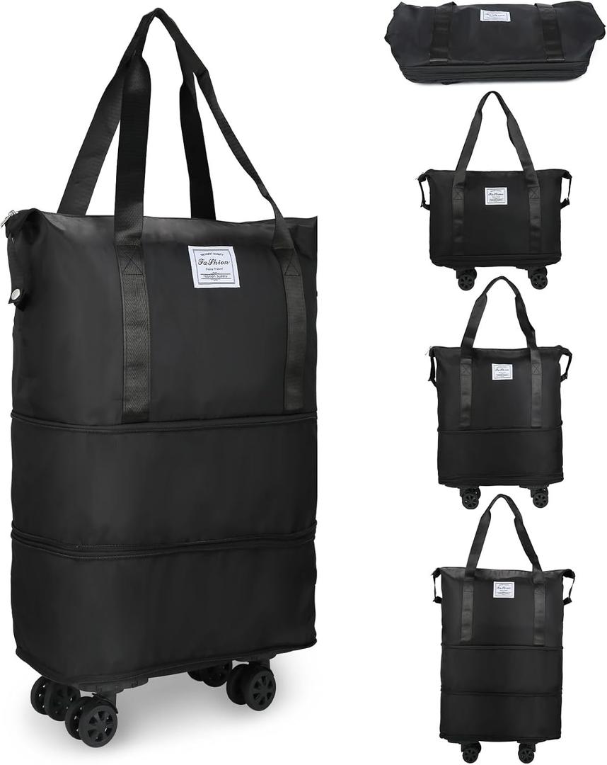 VOOWO Rolling Duffle Bag with Wheels, Expandable Foldable Duffle Bag for Travel, Rolling Under Seat Luggage Carry on Duffel Bags, Wheeled Travel Duffel Weekend Bags, Capacity 18L to 30L (Black)