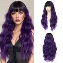 Long Purple Wavy Wig With Bangs for Women 26 Inch Curly Wavy Wig With Bangs Natural Looking Synthetic Heat Resistant Fiber Wig for Daily Party Use