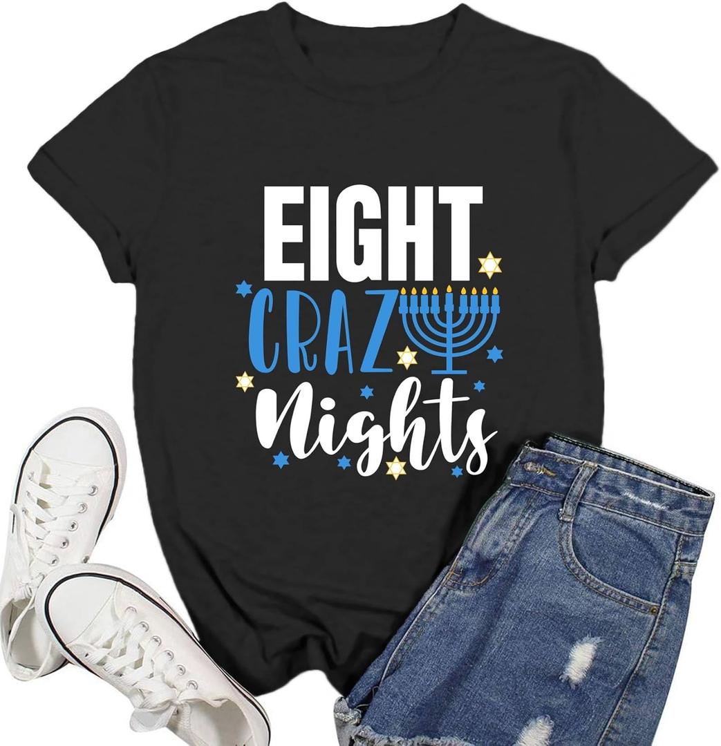 Hanukkah Shirt for Women Jewish Chanukah T-Shirt Eight Crazy Lights Tee Happy Hanukkah Tops (Black, XL)