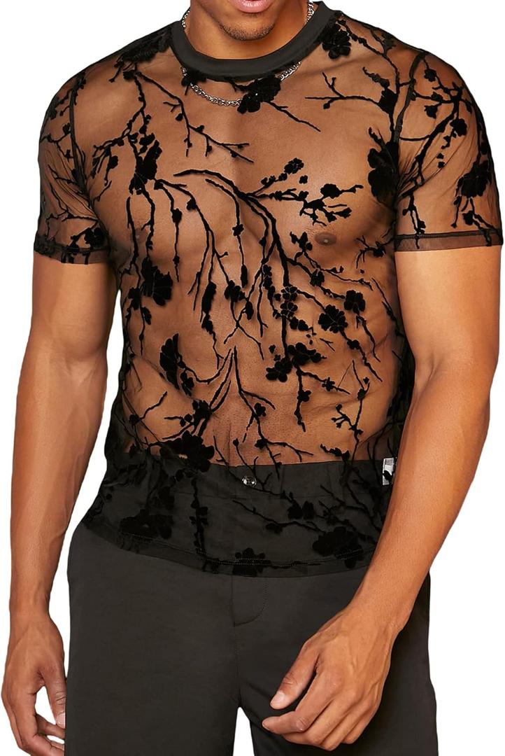 WDIRARA Men's Floral Print See Through Round Neck Short Sleeve Mesh Tshirt Party Top (Medium, Black)