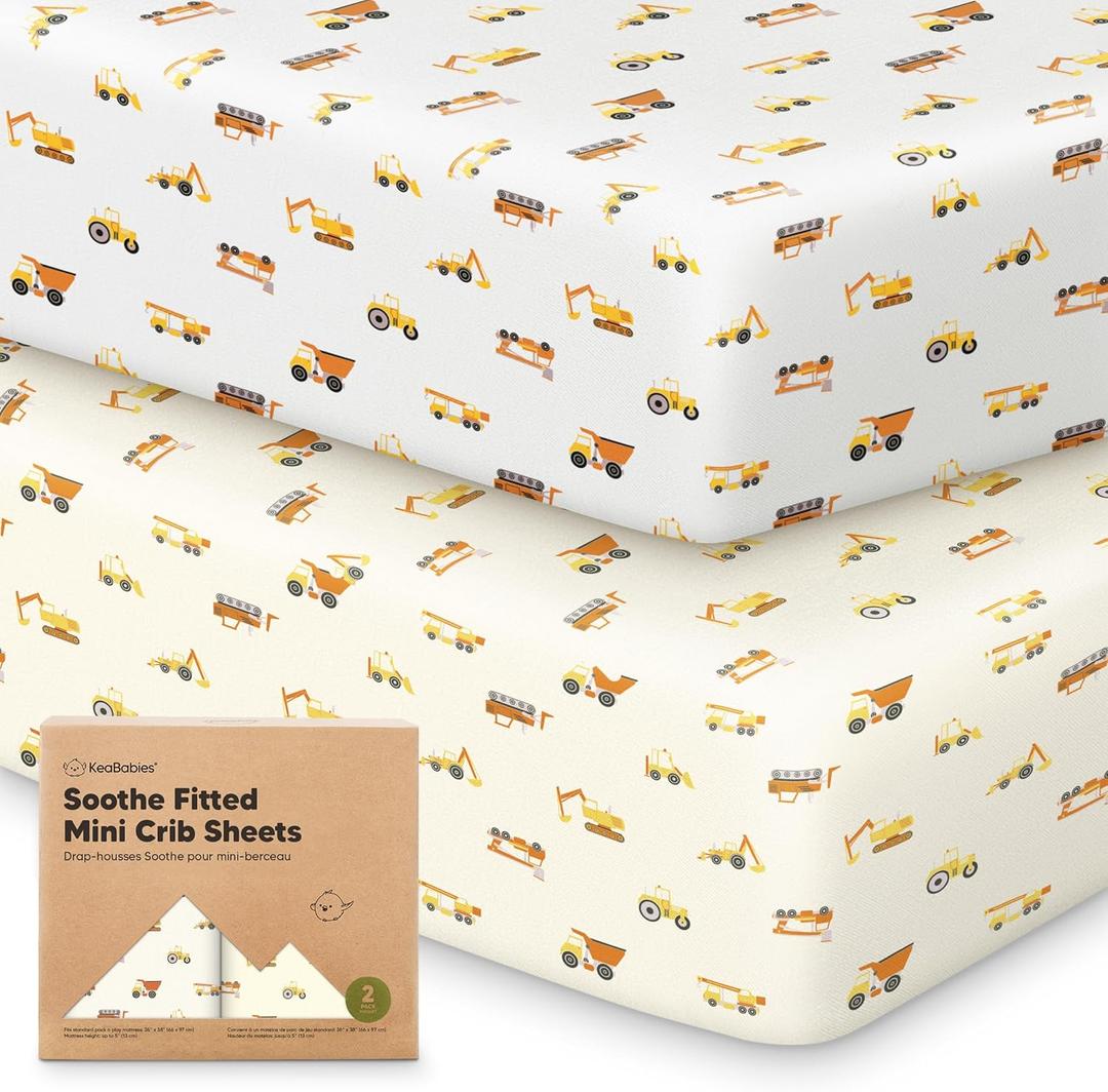 2-Pack Mini Crib Sheets Fitted - Pack N Play Sheets for Pack and Play Mattress, Organic Cotton, Soft & Breathable Jersey Playard Bedding, Neutral Mini Toddler Bed Cover for Boys, Girls (Construction)