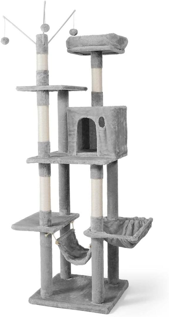 CAPHAUS 70-Inch Multi-Level Tall Cat Tree with Cute Top Perch, Scratching Posts, Cat Activity Tree w/Modern Hammock, Cat Cave Condo for Large Cats Kittens Tall Cat Climbing Play Tower (Light Grey)