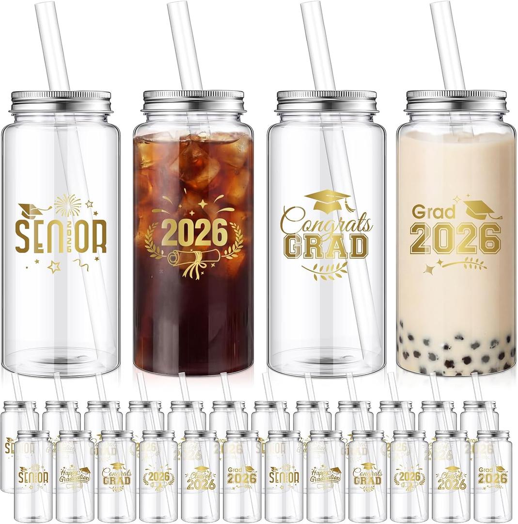 48 Pcs Graduation Plastic Cups with Lid and Straws Bulk 13.5 oz Class of 2026 Plastic Mason Jars Reusable Tumblers Graduation Gifts for Class of 2026 Congrats Grad Party Favors (Gold)