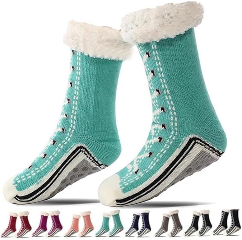 Slipper Socks Valentine for Women Men Couple, Fuzzy Cashmere Fleece Lined Socks, Ultra-Thick Warm Non-Slip Silicone Grips for Indoor Home, Cozy Winter (Green)