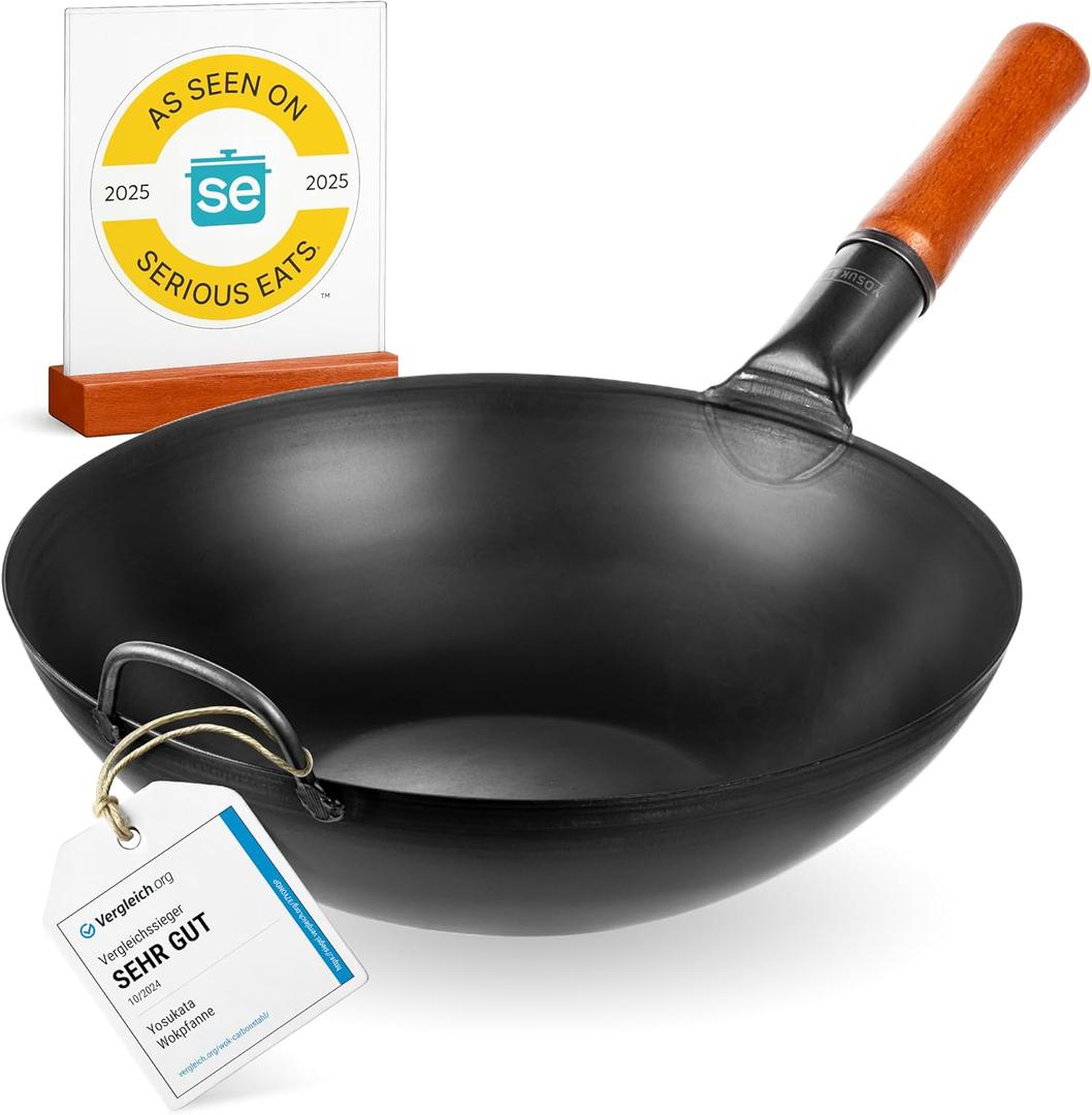 YOSUKATA 13.5" Carbon Steel Wok Pan  Pre-Seasoned Flat Bottom Pow Wok for Stir Fry, BBQ, Grill & Camping  Traditional Japanese Chinese Cookware  Compatible with Induction, Electric, Gas, Open Fire (34cm)