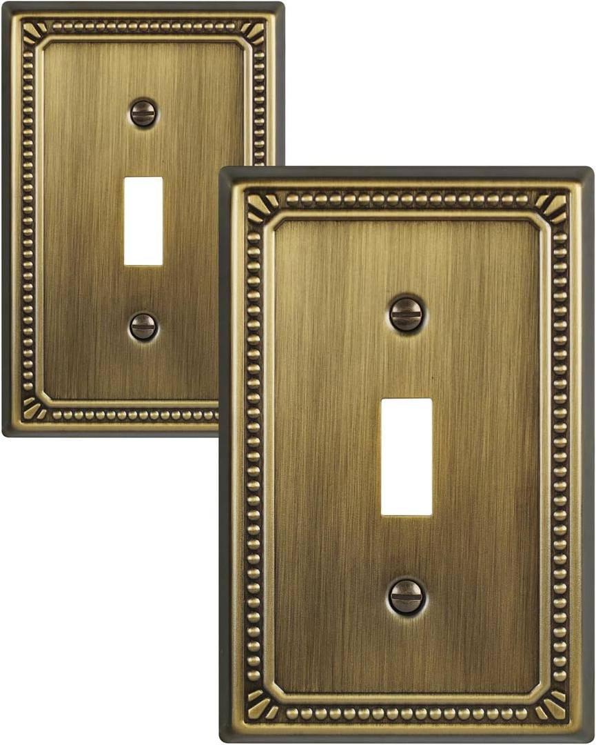 Metal Wall Plates, Switch Plates and Outlet Covers, Decorative Pearl Design (1 Toggle 2PK, Antique Brass)