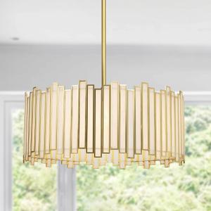 Gold Drum Chandelier 4-Light, Modern Drum Pendant Lighting Fixture with Tiffany Glass Shade, 16 Round Ceiling Hanging Light for Bedroom Dining Room Kitchen Entryway Living Room (Gold) (Creme White Glass with Gold Edge)