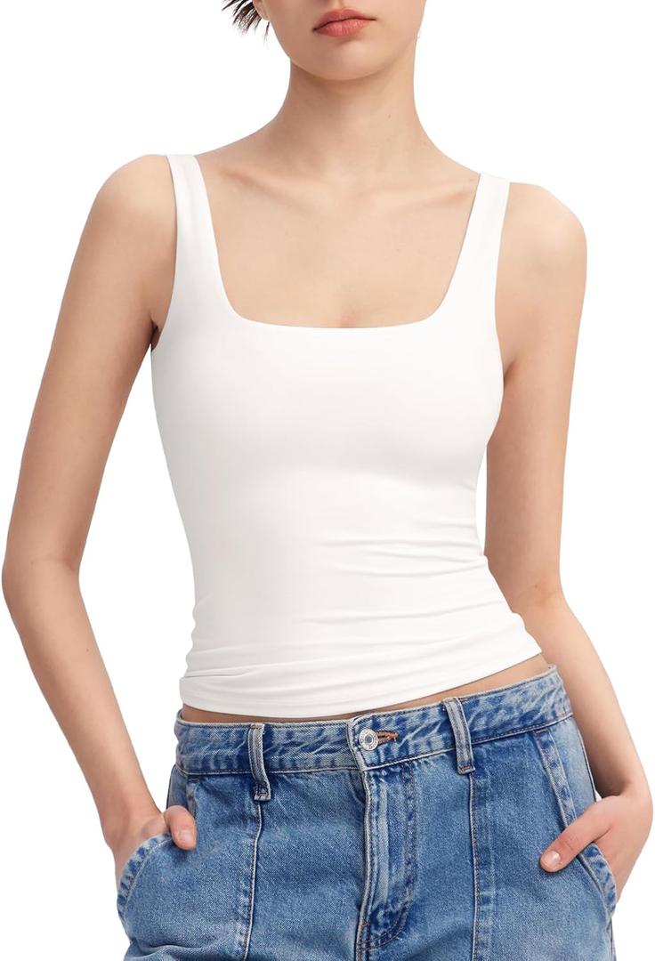PUMIEY Women's Square Neck Tank Top Sleeveless Double Lined Basic Tops Sharp Collection (Large)