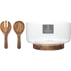 Gibson Elite Wildgreens Large Glass Salad Bowl or Decorative Fruit Bowl Set with Elegant Acacia Wood Base and Acacia Serving Utensils