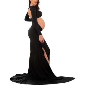 Bhome Maternity Dress for Photoshoot Cut-Out Backless Side Split Maternity Maxi Gown for Photoshoot (Large, Black)