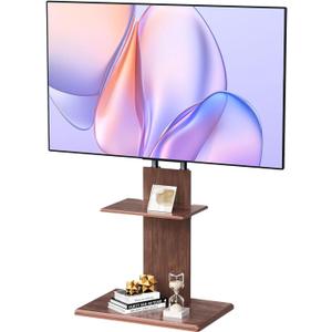 Universal Floor TV Stand with Height Adjustable and Media Shelf for 32-70 inch Flat Screen TV, Swivel TV Mounts Stand with Solid Wood Base for Living Room, Dark Walnut