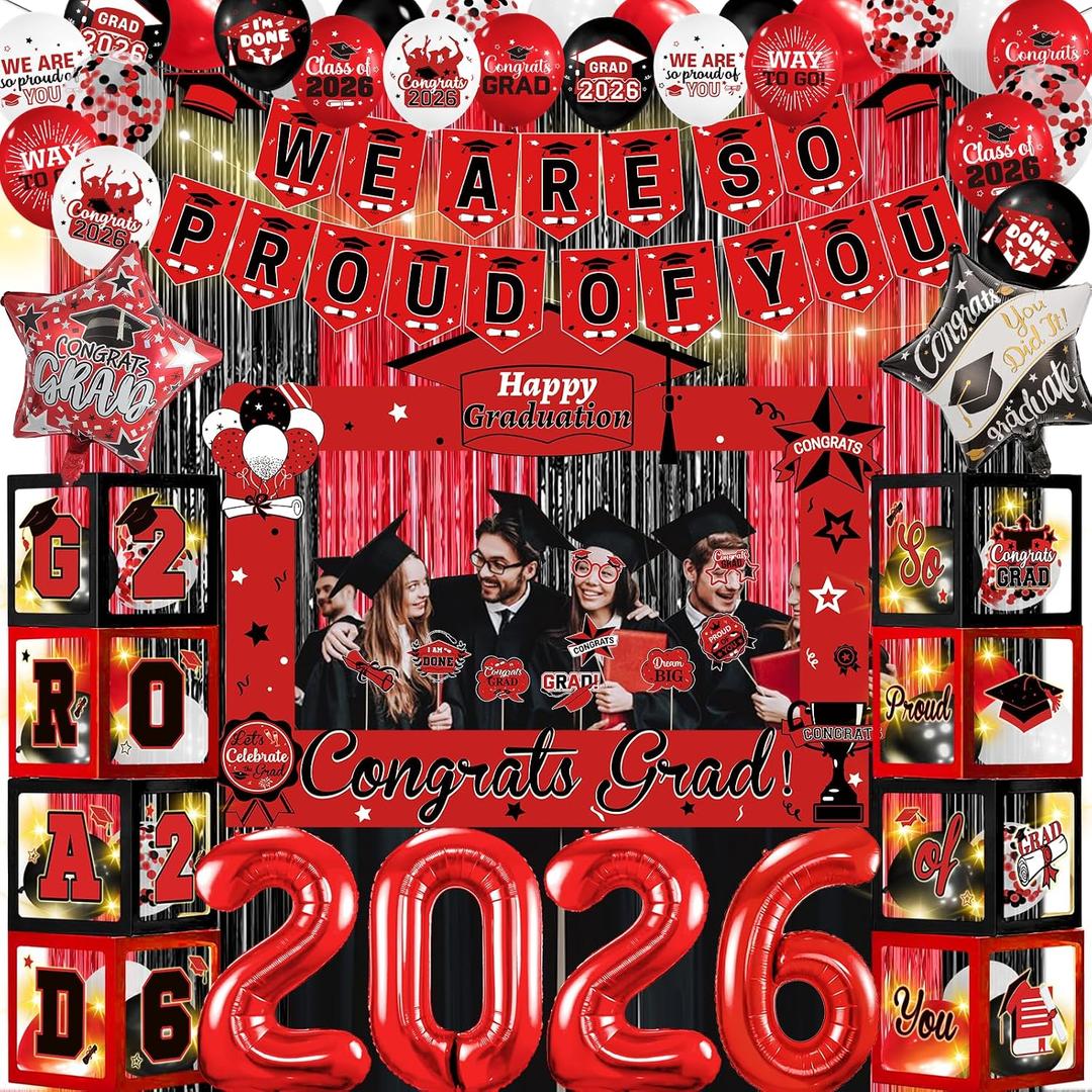 Red and Black Graduation Decorations 2026 With Light Balloon Boxes with Letters We Are So Proud Of You Banner Black and Red Graduation Decorations Class Of 2026 Decorations