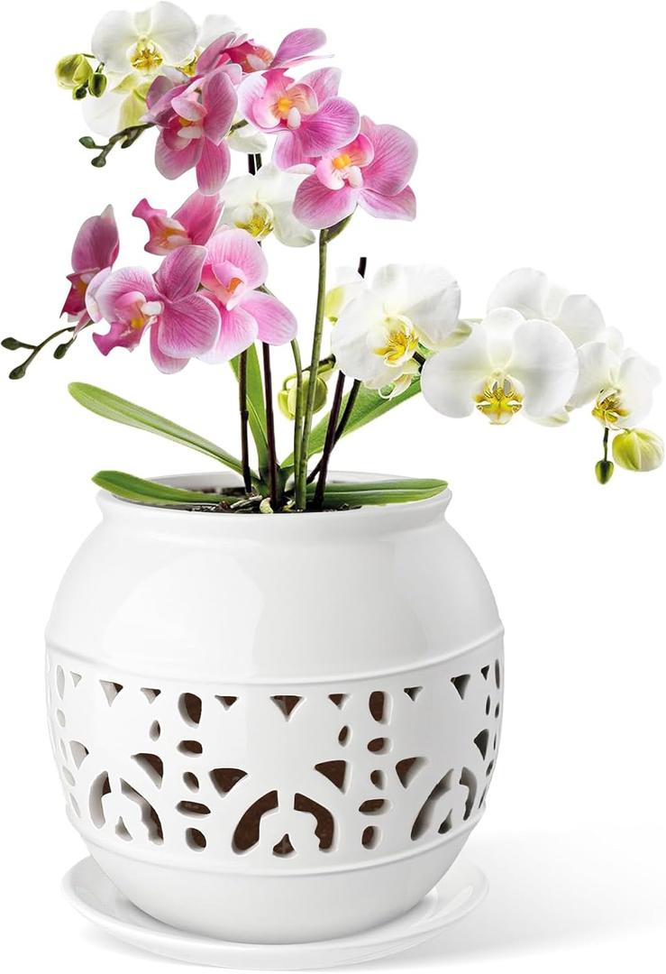 EFISPSS Orchid Pot with Holes, 6 Inch Ceramic Orchid Pot with Drainage and Tray, Promoting Air Circulation and Drainage, Indoor/Outdoor Flower Pots - White
