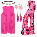 Leumoi 5 Pcs 60s 70s Costume for Women Disco Outfits Hippie Accessories Fringe Vest Boho Flared Pants Set for Carnival, Size:M