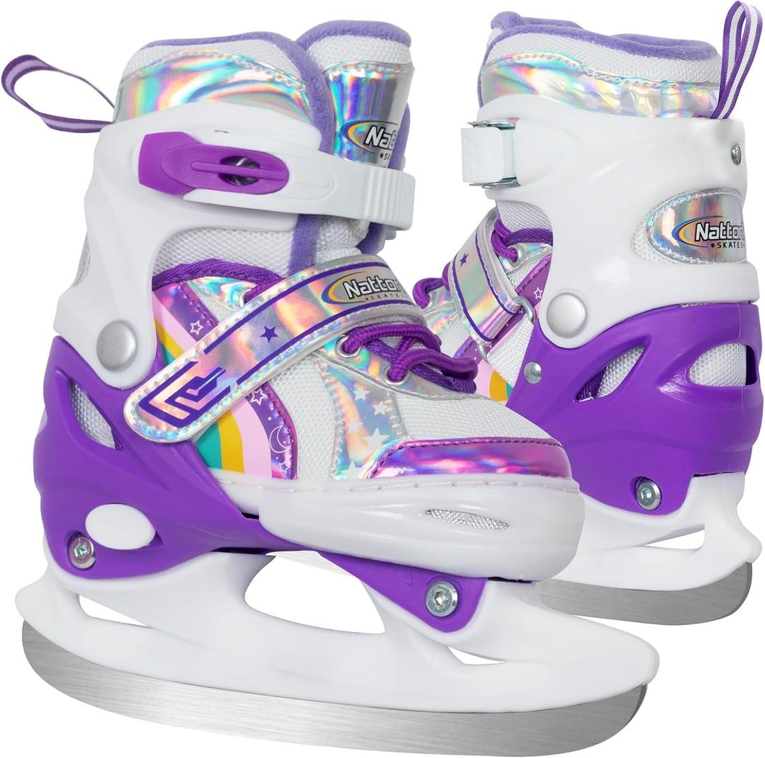 Nattork Adjustable Ice Skates,Soft Padding and Reinforced Ankle Support Ice Skates for Kids,Boys and Girls,Gray Blue Lace-Up Fun Hockey Skate, Purple X-Small(7C-9C)