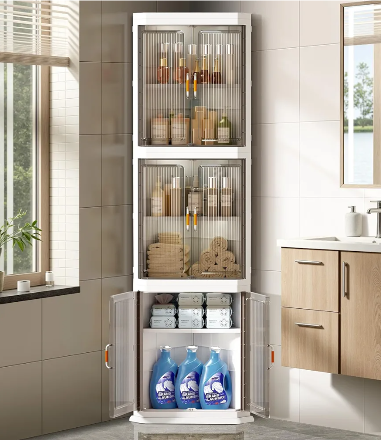 BUMODEL Farmhouse Tall Storage Cabinet Organizer Plastic Bathroom Corner Shelf with 3 Doors and Adjustable Shelves Home Space Saver for Kitchen,Living Room,Laundry Room，Dining Room,Quick Assembly