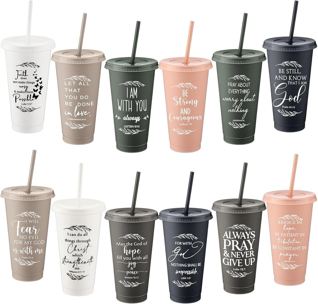 Havawish Inspirational Christian Gift Bible Verse Tumbler Bulk 24 oz Drinking Tumblers with Lid Straw Religious Plastic Cup for Women Men Bible Study Group Sunday School Church(Vivid Color,12)