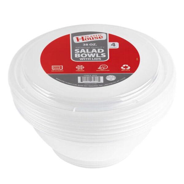 Plastic House Clear Plastic Salad Bowls with Lids - 38 oz | Pack of 4x12 pks