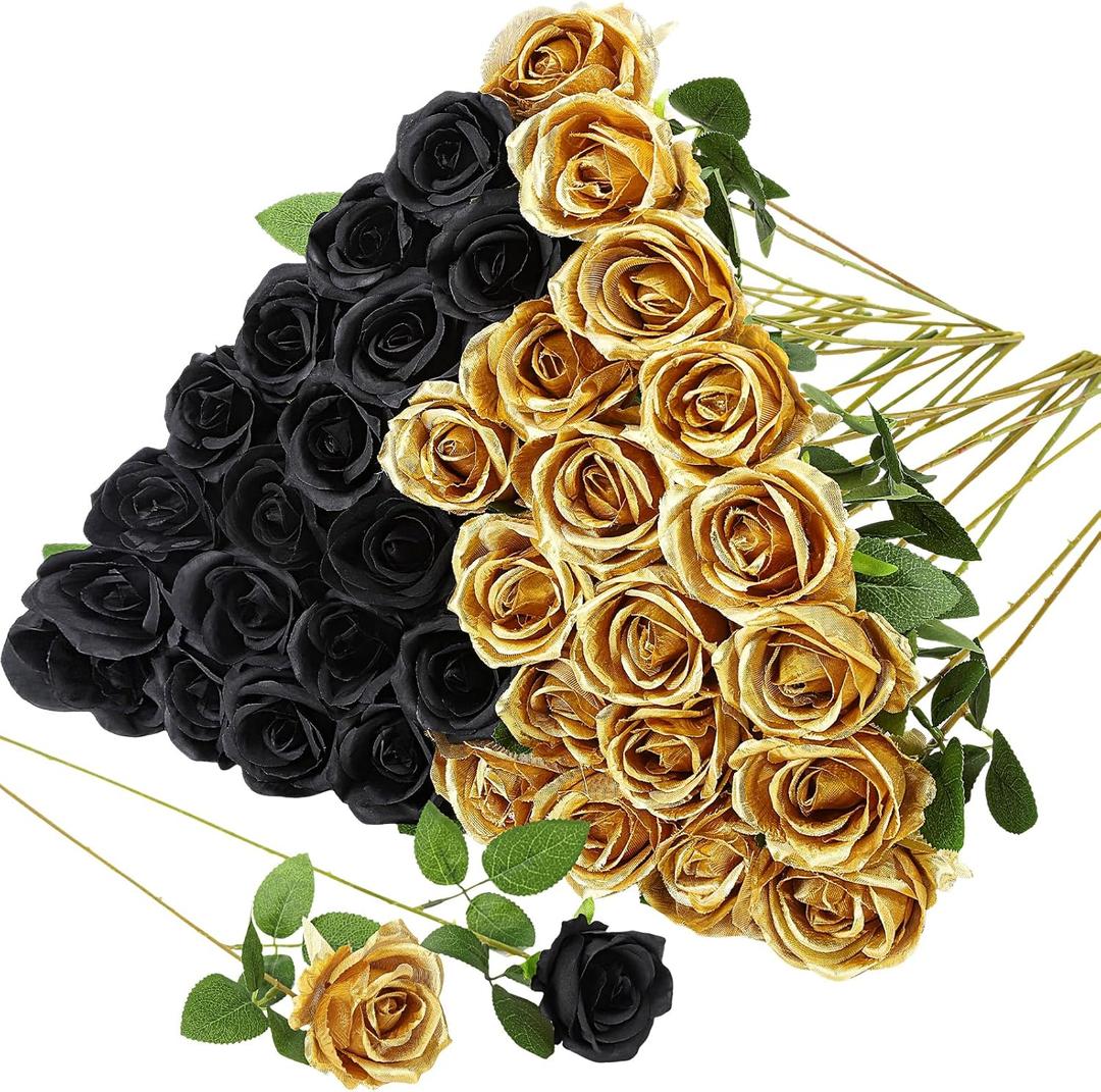 36 Pcs Silk Black Gold Rose Bouquet Bridal Artificial Flowers, Fake Rose Long Stem Realistic Flowers Bulk for Wedding Bouquet Ball Arrangement Centerpiece Party Decor