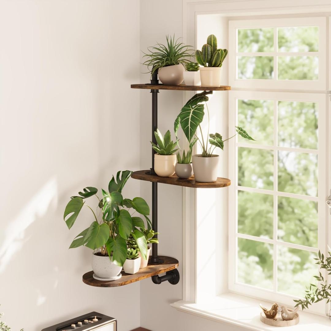 Window Plant Shelves 3-Tier Rotating Plant Stand Industrial Window Plant Shelf Wood Wall Mount Decorative Enhanced Indoor Plants Light Exposure Gift Idea for Plant Lovers