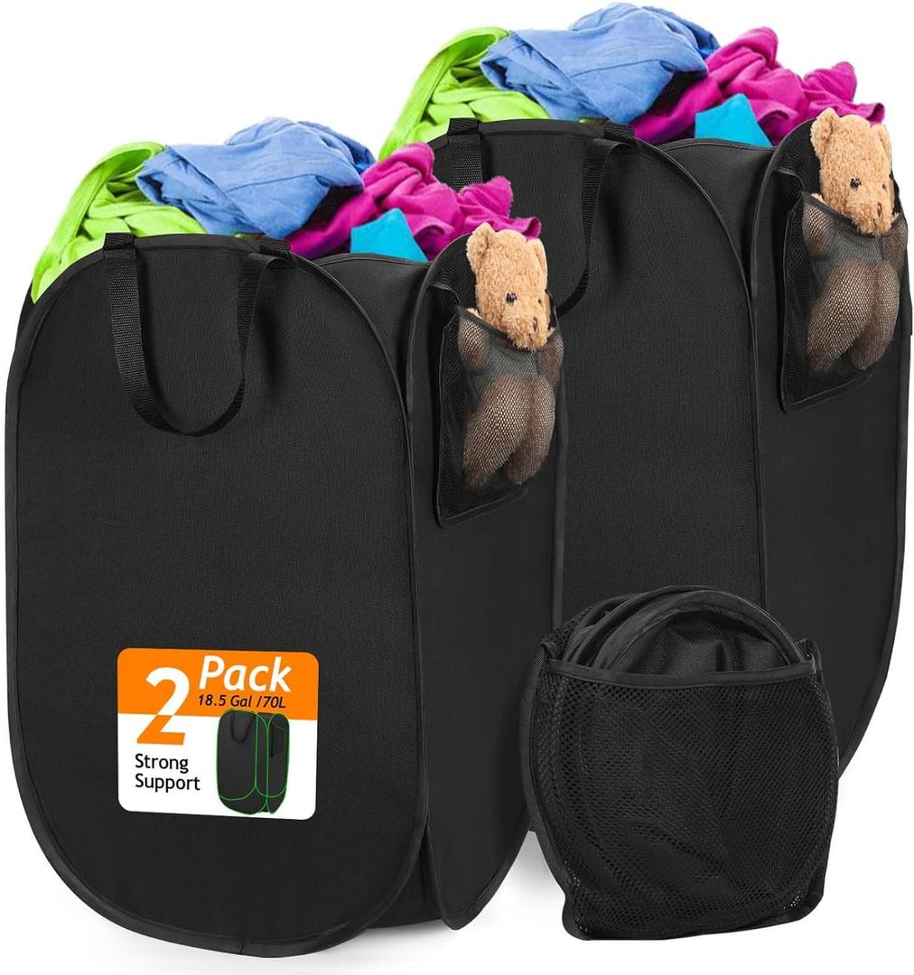 Upgraded Oxford Pop-up Laundry Hamper 2 Pack, 70L(18.5 Gal) Laundry Basket with Durable Handles Solid Bottom High Carbon Steel Frame and Side Pocket, Easy to Open and Fold Flat for Storage (Thickened-Black)