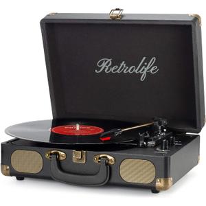 Vinyl Record Player 3-Speed Bluetooth Suitcase Portable Belt-Driven Record Player with Built-in Speakers RCA Line Out AUX in Headphone Jack Vintage Turntable (black)
