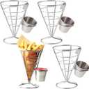 4 Pack French Fry Holder, French Cone Fries Basket with Sauce Cup, Metal Wire French Fries Holder for Kitchen, Restaurant Buffet, Picnic Party, Buffet Dinner, Home Parties