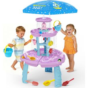 Handwell Water Table for Toddlers, 3-Tier Sand and Water Table with Umbrella & Water Toy Accessories, Rain Shower Splash Pond Water Toy, Kids Activity Sensory Playset, Summer Outdoor Toys for Girl Boy