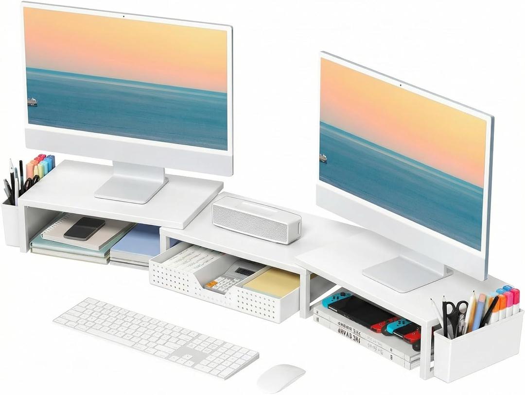 OPNICE Desk Organizers and Accessories, Dual Monitor Stand Riser with Drawer and 2 Pen Holders, Desk Shelf Metal Computer Racks for Office Workspace Organizers, Desktop Organization (White Metal)