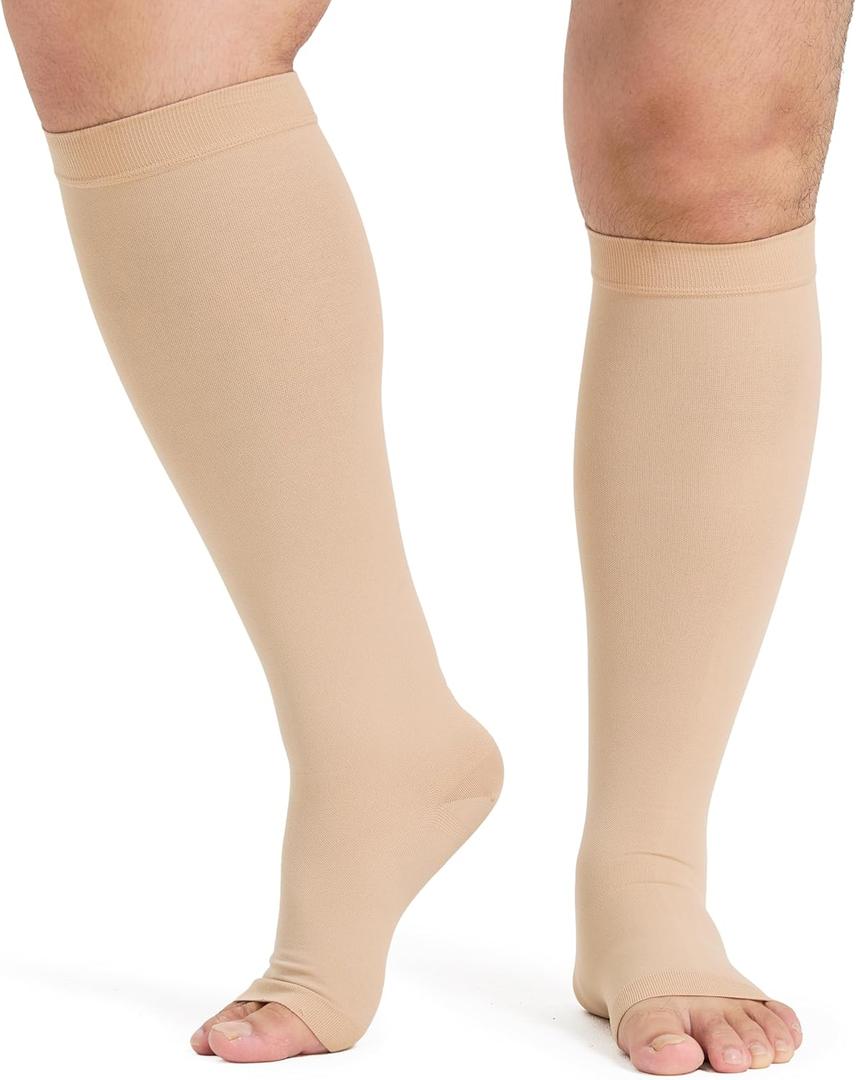 KEKING Extra Wide Calf Compression Socks for Men & Women, 20-30 mmHg Compression Stockings Open Toe - Plus Size Knee High Support Hose for Varicose Veins, Pain Relief, Swelling, Beige S KEKING Extra Wide Calf Compression Socks for Men & Women, 20-30 mmHg Compression Stockings Open Toe - Plus Size Knee High Support Hose for Varicose Veins, Pain Relief, Swelling, Beige S