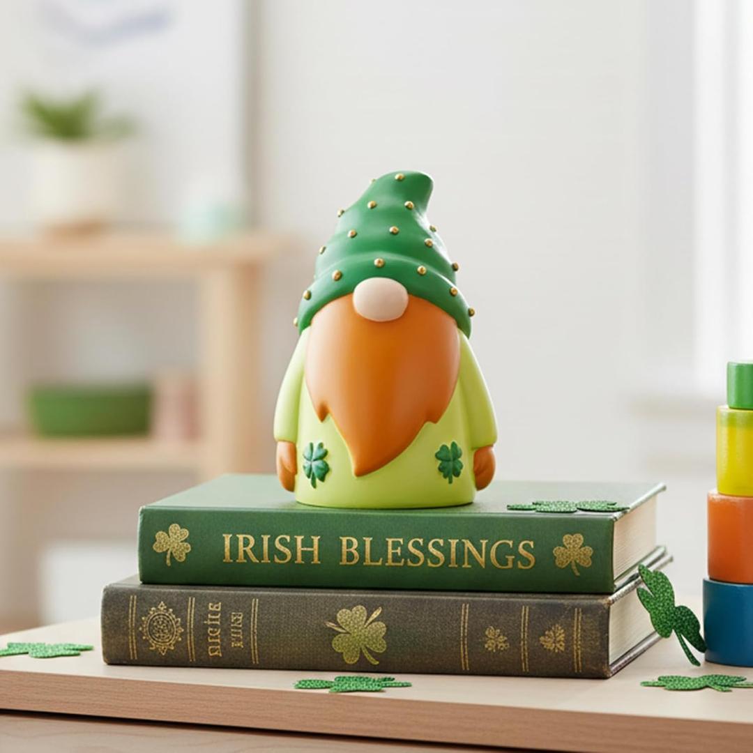 WDS WONDROUS St. Patrick's Day Gnome Decorations for Home, 6.3 Inch Lucky Leprechaun Figurine with Shamrock Decor, Irish Green & Orange Tabletop Centerpiece for Home Decor, Party, Gift, Yellow
