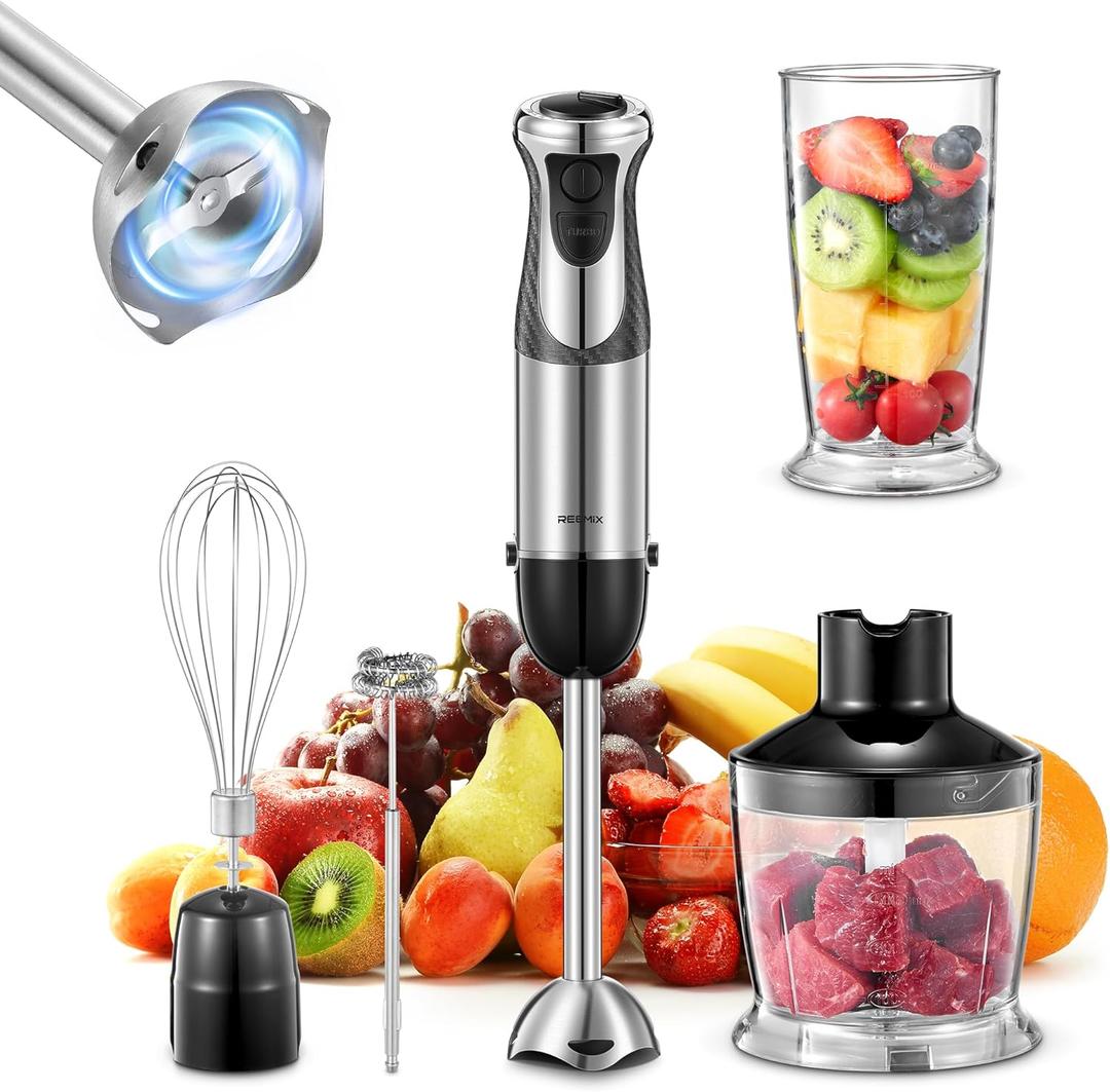 5-in-1 Hand Immersion Blender, 1000W Handheld, Copper Motor Stainless Steel Blade Stick, Mixing Beaker, Food Processor, Whisk, Milk Frother for Smoothies Puree Baby Food (Black) (Black)