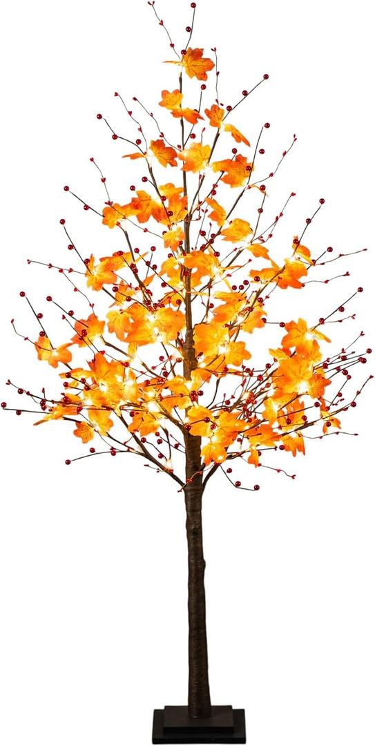 Nearly Natural 5ft Pre-Lit Autumn Maple Artificial Fall Tree with Berries and 96 Warm White LED Lights