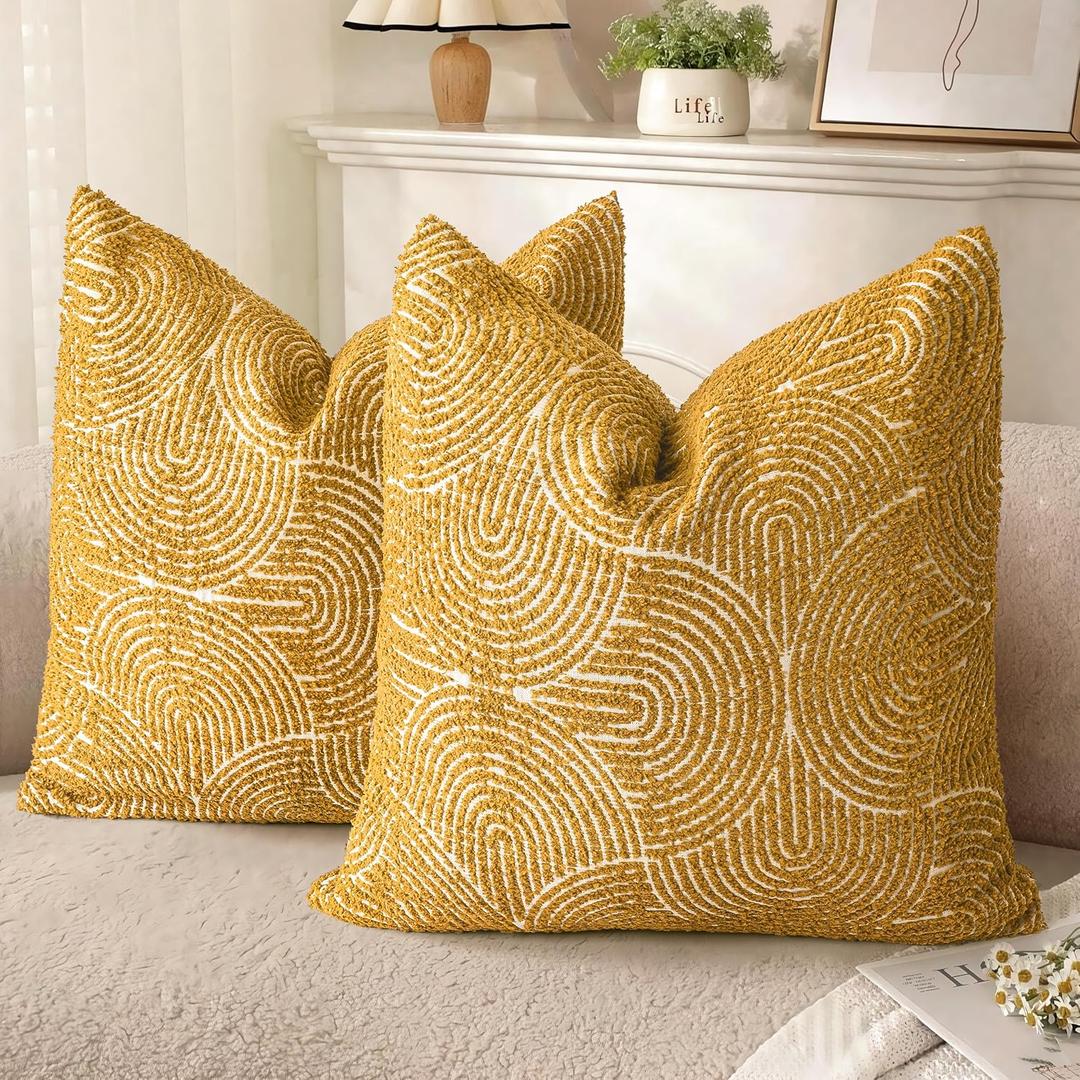 AELS Boho Decorative Textured Throw Pillow Covers 18x18, Organic Modern Mid Century Rainbow Tufted Pillow Case, Farmhouse Rustic Geometric Woven Cushion Case for Bed Couch Sofa, Mustard Yellow