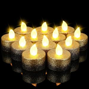 Rossesay 24 Pcs Flameless LED Tea Lights Gold Black Glitter Flickering Fake LED Candles Tealights Battery Operated Romantic Anniversary Decorations Winter Decor for Valentines Wedding Christmas Party