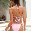 ZAFUL Halter Swimsuits for Women Textured Backless 2 Piece Bathing Suits Cheeky High Cut String Tie Side Bikini Sets (Pink, M)