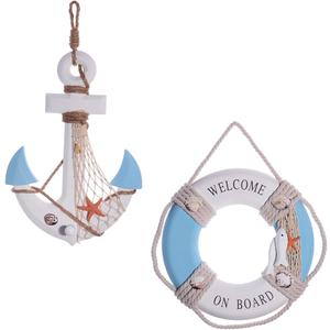 2 Pack 13" Nautical Beach Wooden Ship Wheel and 13" Wooden Anchor with Rope Nautical Boat Steering Wheel Rudder Anchor Wall Art Decor Door Hanging Ornament Beach Theme Home Decoration (Star Blue)