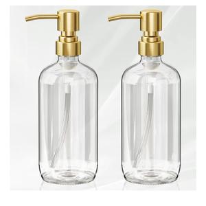 AmazerBath Soap Dispenser, 2 Pack Glass Soap Dispenser with Pump Stainless Steel, 17 Oz Clear Gold Hand Soap Dispensers for Bathroom and Kitchen