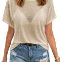 Sheer Tops for Women See Through Oversized T Shirts, Short Sleeve Casual Summer Blouse (Beige, XL)
