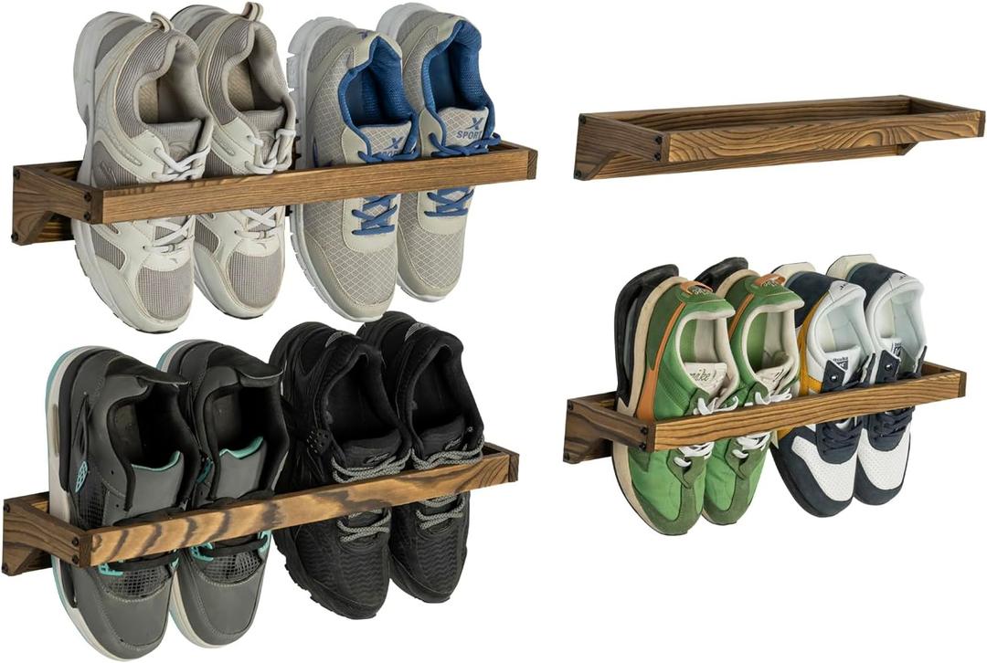 MyGift Set of 4 Rustic Burnt Solid Wood Hanging Shoe Storage Organizer Racks, Wall Mounted Space Saving Footwear Holder for Closet, Mudroom, Entryway, Holds 8 Pairs